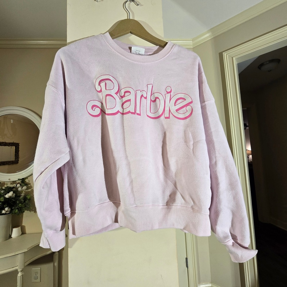 Barbie Grayson Threads Pink Graphic Logo Fleece Sweatshirt Womens Medium